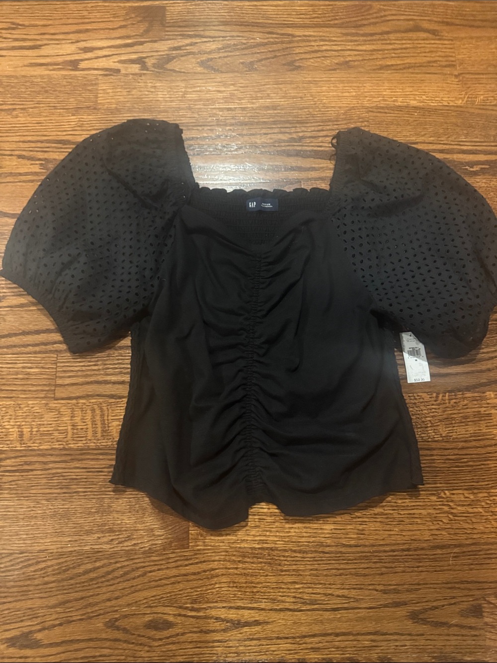 NWT GAP 100% Cotton Blouse with Embroidered Puffy Sleeves in Black Size Medium